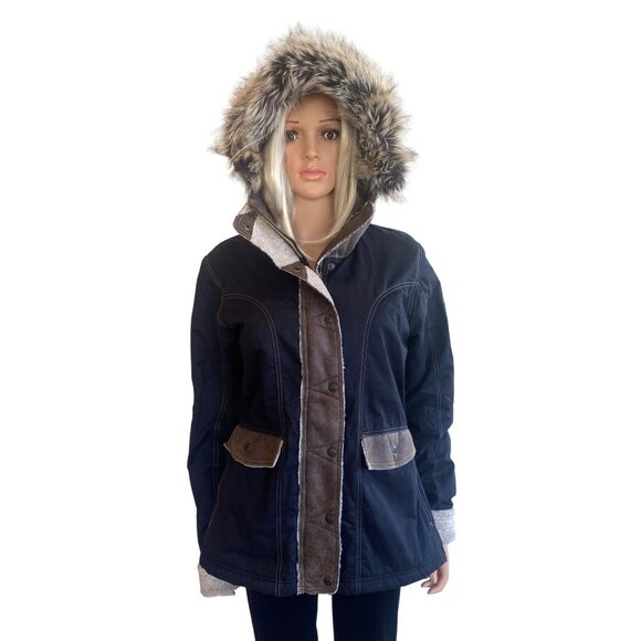 NWT Kuhl Arktik Waxed Jacket L Faux Fur Sherling Fleece Hooded Raven $349 Black - Picture 17 of 17